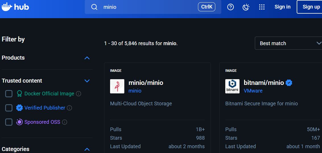 Docker Hub Search for MinIO